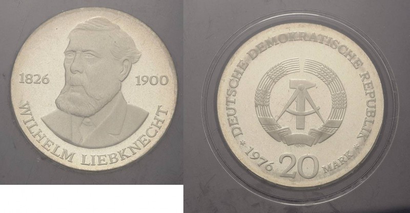 Gedenkmünzen Polierte Platte
 20 Mark 1976. Liebknecht. Im verplombten Original...