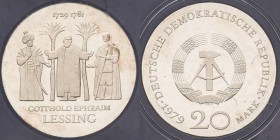 Gedenkmünzen Polierte Platte
 20 Mark 1979. Lessing. Im verplombten Originaletui Jaeger 1571 Leicht angelaufen, Polierte Platte
