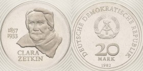 Gedenkmünzen Polierte Platte
 20 Mark 1982. Zetkin. Im verplombten Origianletui Jaeger 1587 Polierte Platte