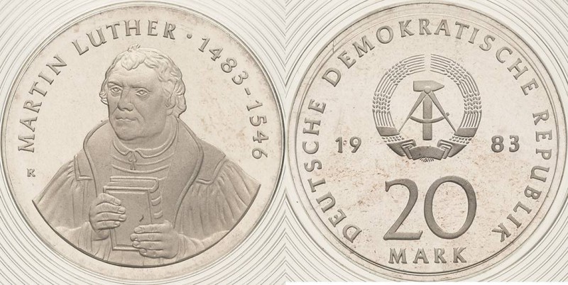 Gedenkmünzen Polierte Platte
 20 Mark 1983. Luther. Im verplombten Originaletui...