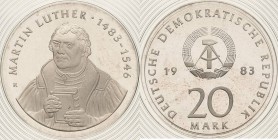 Gedenkmünzen Polierte Platte
 20 Mark 1983. Luther. Im verplombten Originaletui Jaeger 1591 Polierte Platte