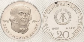 Gedenkmünzen Polierte Platte
 20 Mark 1985. Arndt. Im verplombten Originaletui Jaeger 1605 Revers kl. Flecke, Polierte Platte