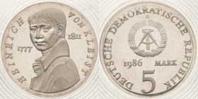 Gedenkmünzen Polierte Platte
 5 Mark 1986. Kleist. Im verplombten Originaletui Jaeger 1611 Polierte Platte