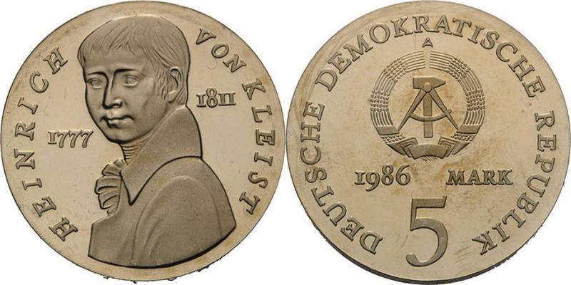 Gedenkmünzen Polierte Platte
 5 Mark 1986. Kleist. Lose in Kapsel Jaeger 1611 K...