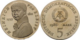 Gedenkmünzen Polierte Platte
 5 Mark 1986. Kleist. Lose in Kapsel Jaeger 1611 Kl. Kratzer, Polierte Platte