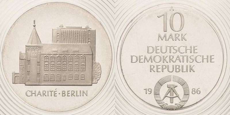 Gedenkmünzen Polierte Platte
 10 Mark 1986. Charité. Im verplombten Originaletu...