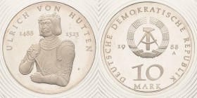Gedenkmünzen Polierte Platte
 10 Mark 1988. Hutten. Im verplombten Originaletui Jaeger 1622 Polierte Platte