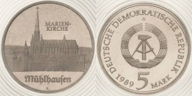 Gedenkmünzen Polierte Platte
 5 Mark 1989. Marienkirche Mühlhausen. Im verplombten Originaletui Jaeger 1627 Polierte Platte
