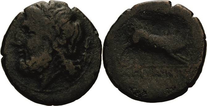 Apulien Arpi
Bronze um 300 v. Chr. Zeuskopf mit Lorbeerkranz nach links / Eber ...