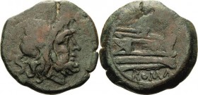 Römische Republik
Anonym 211-207 v. Chr Æ-Semis Kopf des Saturn nach rechts / Schiffsbug nach rechts, darüber S, darunter ROMA Cr. 56/3 Syd. 143 a Al...