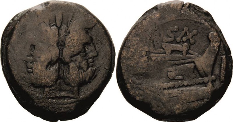Römische Republik
Cluvius Saxula 169-158 v. Chr As Bärtiger Januskopf, darüber ...
