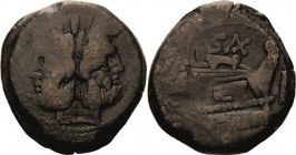 Römische Republik
Cluvius Saxula 169-158 v. Chr As Bärtiger Januskopf, darüber Wertzahl I / Schiffsbug nach rechts, darüber SAX, rechts Wertzahl I Cr...