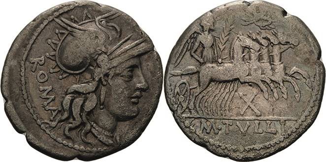 Römische Republik
M. Tullius 120 v. Chr. Denar Romakopf mit geflügeltem Greifen...