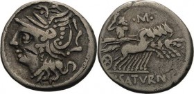 Römische Republik
L. Appuleius Saturninus 104 v. Chr Denar Rom Kopf der Roma nach links / Saturn mit Harpa in Quadriga nach rechts, darunter O, L SAT...