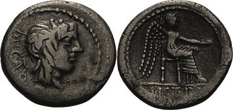 Römische Republik
M. Porcius Cato 89 v. Chr Quinar Kopf nach rechts, M CATO / V...