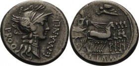Römische Republik
L. Cornelius Sulla, L. Manlius Torquatus 82 v. Chr Denar Romakopf mit Helm nach rechts, L MANLI PROQ / Triumphator in Quadriga nach...