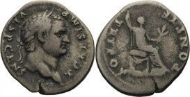 Kaiserzeit
Titus Caesar 69-79 Denar 74, Rom Kopf mit Lorbeerkranz nach rechts, T CAESAR VESP CENS / Pax sitzt mit Zweig nach rechts, PONTF TRI POT. M...