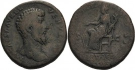 Kaiserzeit
Lucius Verus 161-169 Sesterz 162/163, Rom Kopf nach rechts, IMP CAES L AVREL VERVS AVG / Fortuna sitzt nach links, darunter FORT RED, TRP ...