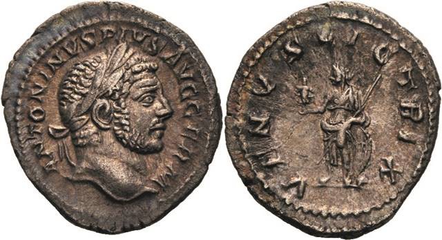 Kaiserzeit
Caracalla 198-217 Denar 213/217, Rom Kopf mit Lorbeerkranz nach rech...