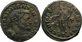 Kaiserzeit
Galerius Caesar 293-305 Follis 303/305, Trier Brustbild mit Lorbeerkranz nach rechts, MAXIMIANVS NOBIL C / Genius opfert nach links zwisch...