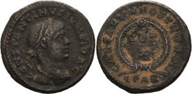 Kaiserzeit
Constantinus II. Caesar 317-337 Follis 322/324, Arles Brustbild mit Perlendiadem nach rechts, CONSTANTINVS IVN NOB C / VOT X im Kranz, CAE...