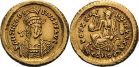 Kaiserzeit
Theodosius II. 408-450 Solidus 430/440, Constantinopel Brustbild mit Helm, geschultertem Speer und Schild halb rechts, DN THEODOSIVS PF AV...
