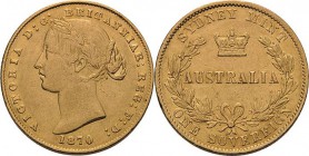 Australien
Victoria 1837-1901 Sovereign 1870, Sydney Schlumberger 822 Friedberg 10 GOLD. 7.97 g. Sehr schön/sehr schön+