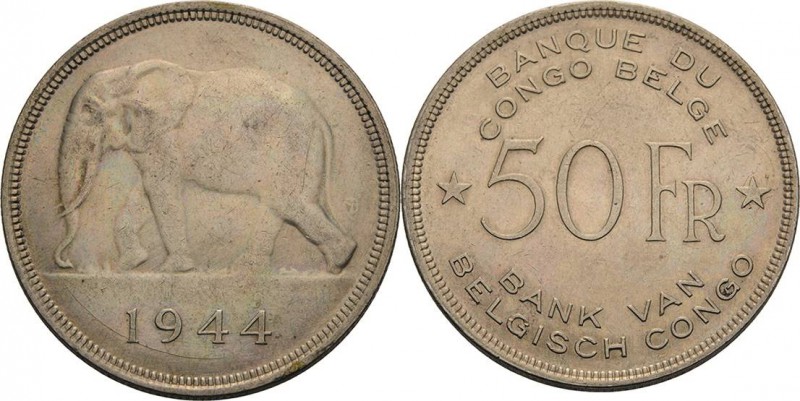 Belgisch-Kongo
Leopold III. 1934-1950 50 Francs 1944. KM 27 Davenport 11 Sehr s...