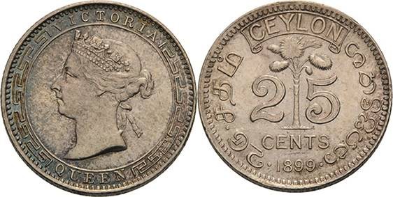 Ceylon
Victoria 1837-1901 25 Cents 1899. KM 95 Vorzüglich-Stempelglanz