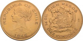 Chile
 100 Pesos 1946, Santiago Friedberg 54 KM 175 GOLD. 20.38 g. Vorzüglich/vorzüglich-Stempelglanz