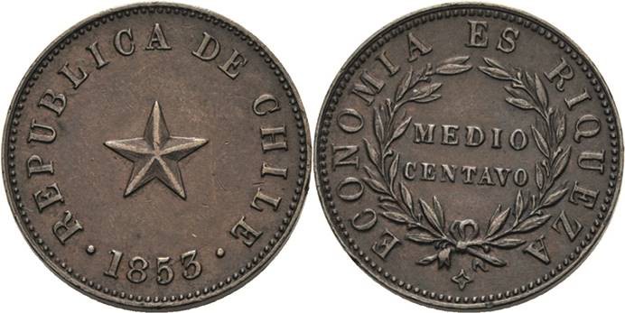 Chile
Republik 1/2 Centavo 1853. KM 126 Vorzüglich-prägefrisch