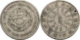 China
Kuang-Hsu 1874-1908 50 Cents 1879 (=Jahr 23). Chihli (Pei Yang Arsenal). Mit Rv-chopmark L/M 445 KM Y 64.1 Sehr selten. Randfehler, Av. Kratzer...
