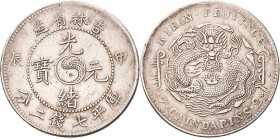 China
Kuang-Hsu 1874-1908 Dollar (7 Mace 2 Candareens) 1904. Provinz Kirin L/M 552 KM Y 183 A Davenport 174 Sehr selten. Kl. Randfehler, sehr schön