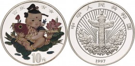 China-Volksrepublik
 10 Yuan 1997. Kind mit Karpfen als Glücksbringer. Motivteile in Farbe Schön 942 KM 1059 Polierte Platte