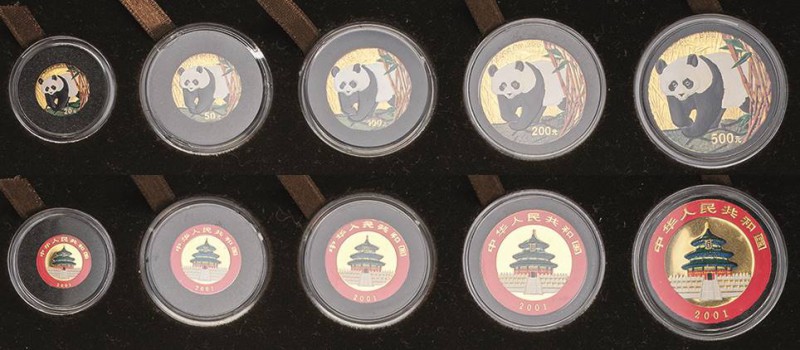 China-Volksrepublik
 500, 200, 100, 50 und 20 Yuan 2001. Panda aus Bambuspflanz...