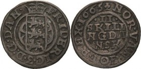 Dänemark
Frederik III. 1648-1670 2 Skilling 1665, Kleeblatt-Kopenhagen Mit innerem Kreis und schildartigen Ornamenten zu den Seiten des Wappens. Aver...