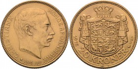 Dänemark
Christian X. 1912-1947 20 Kroner 1915, VBP-Kopenhagen Hede 1 A Friedberg 299 Schlumberger 84 GOLD. 8.99 g. Vorzüglich-Stempelglanz