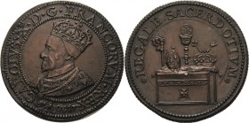 Frankreich
Karl X. 1589-1590 Bronzemedaille 1590 (unsigniert) Brustbild nach links mit Krone / Altar mit Königsinsignien sowie Mitra, Bischofsstab un...