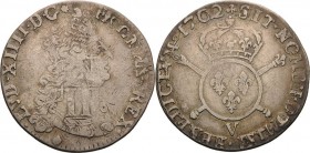 Frankreich
Ludwig XIV. 1643-1715 1/4 Ecu aux insignes 1702, V-Troyes Überprägung auf Écu aux 8 L 1691 Gadoury 156 Droulers 620 Duplessy 1535 Sehr sch...
