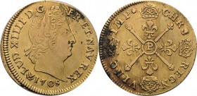 Frankreich
Ludwig XIV. 1643-1715 Louis d'or aux insignes 1705, P-Dijon Duplessy 1446 A Gadoury 254 Friedberg 439 Droulers 351 GOLD. 6.58 g. Leichte B...