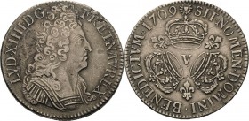 Frankreich
Ludwig XIV. 1643-1715 Écu aux 3 couronnes 1709, V-Troyes Gadoury 229 Droulers 473 Duplessy 1568 Davenport 1324 Kl. Schrötlingsfehler am Ra...
