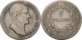 Frankreich
Napoleon Bonaparte Premier Consul 1799-1804 5 Francs 1802/1803 (AN XI), A-Paris Gadoury 577 Davenport 82 Fast sehr schön