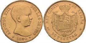 Spanien
Alfons XIII. 1886-1931 20 Pesetas 1890, MPM-Madrid Cayón 16710 Schlumberger 291 Friedberg 345 GOLD. 6.50 g. Kl. Randfehler, fast vorzüglich