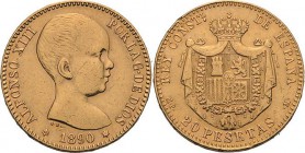 Spanien
Alfons XIII. 1886-1931 20 Pesetas 1890, MPM-Madrid Cayón 16710 Schlumberger 291 Friedberg 345 GOLD. 6.47 g. Kl. Randfehler, sehr schön+