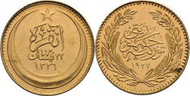 Türkei
Republik ab 1923 25 Kurush 1927, Istanbul KM 840 Friedberg 83 GOLD. 1.73 g. Vorzüglich-Stempelglanz