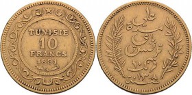 Tunesien
Ali Bey 1882-1902 10 Francs 1891, A-Paris Friedberg 13 Schlumberger 627 KM 227 GOLD. 3.24 g. Avers kl. Kratzer, sehr schön