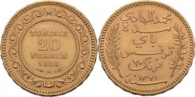 Tunesien
Mohammed el Hadi Bei 1902-1906 20 Francs 1903, A-Paris Friedberg 12 Schlumberger 639 KM 234 GOLD. 6.49 g. Vorzüglich