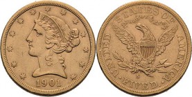 Vereinigte Staaten von Amerika
 5 Dollar 1901, S-San Francisco Liberty Friedberg 145 GOLD. 8.32 g. Fast vorzüglich