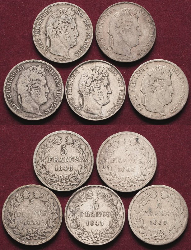 Frankreich
Lot-5 Stück Louis Philippe-5 Francs 1831 B, 1833 H, 1839 A, 1840 A, ...