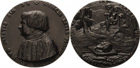 Medaillen
 Eisengußmedaille o.J. (1526, späterer Guß) (Monogrammist MP) Auf seinen Tod. Brustbild im Talar nach links / Landschaft mit Reiter vor rau...